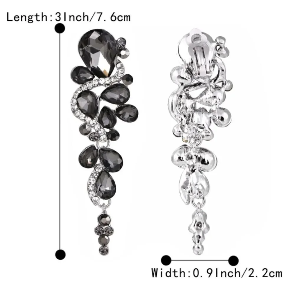 Silver Charcoal Gray and Diamond Austrian Crystal Chandelier Clip On Earrings